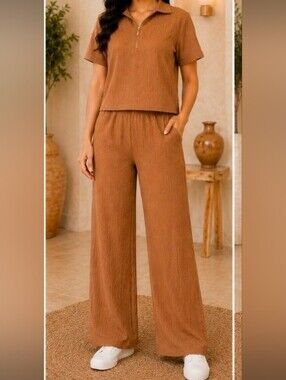 Relaxed Wide-Leg Pants And Top Set  in Camel Brown